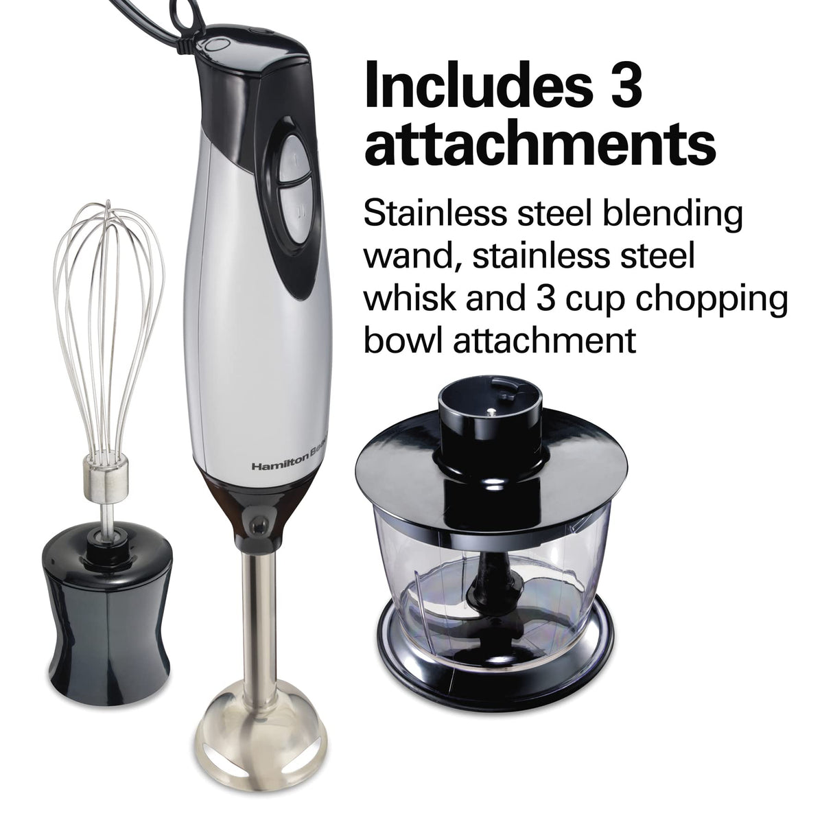 Hamilton Beach 4-in-1 Electric Immersion Hand Blender with Handheld Blending Stick, Whisk + 3-Cup Food & Vegetable Chopper Bowl, 2-Speeds, 225 Watts, Silver and Stainless Steel (59765) Hamilton Beach