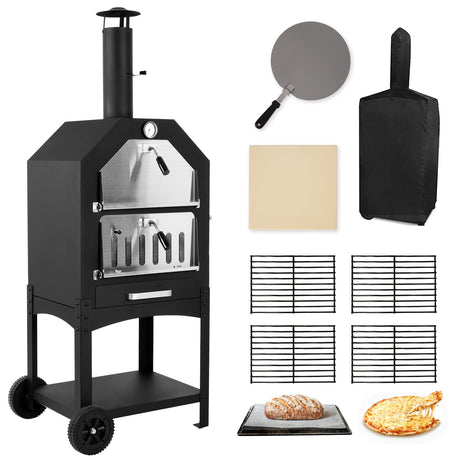 Outdoor Pizza Oven Wood Fired Pizza Oven Patio Portable Pizza Maker Cooking Grill with Wheels Waterproof Cover for Backyard Camping Polar Aurora