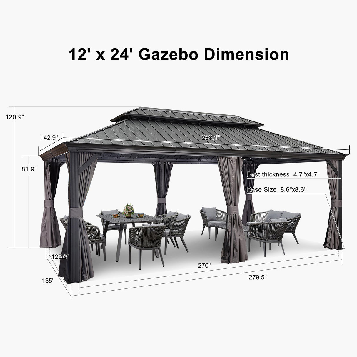 PURPLE LEAF 12' X 24' Large Gazebo with Galvanized Steel Double Roof Outdoor Patio Gazebo for Lawn and Garden Permanent Hardtop Gazebo Grey PURPLE LEAF