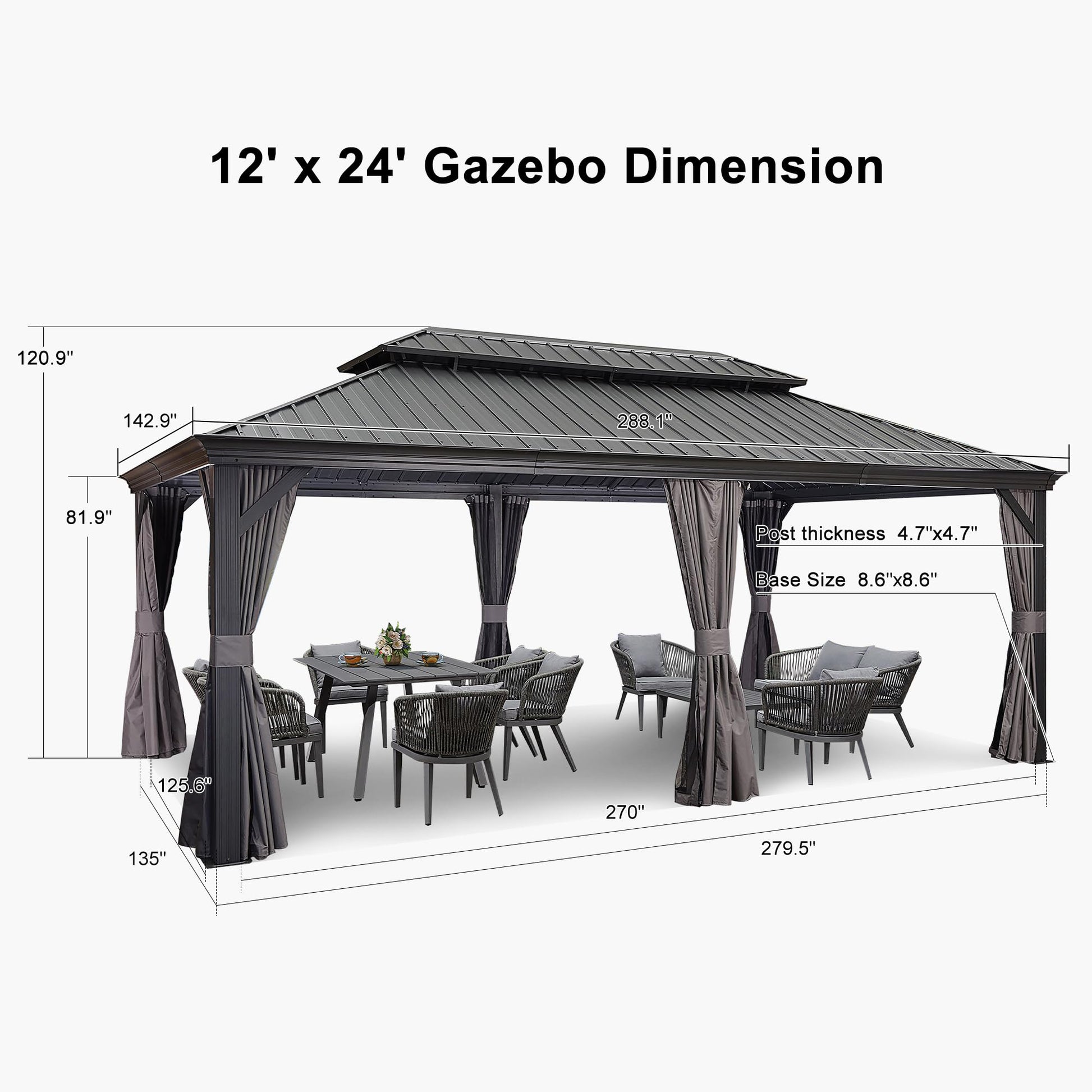 PURPLE LEAF 12' X 24' Large Gazebo with Galvanized Steel Double Roof Outdoor Patio Gazebo for Lawn and Garden Permanent Hardtop Gazebo Grey - WoodArtSupply