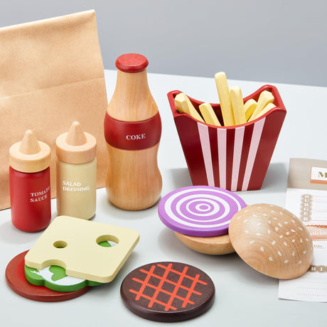Wooden Play Food for Kids Pretend Hamburger Set Fast Food Toy Play Kitchen Accessories for Toddlers Toy Food Gift for Boys Girls Educational Toys Toywoo