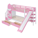 Harper & Bright Designs Twin Over Twin Bunk Bed with Stairs & Slide, Castle Style Bunk Beds with Storage Drawers and Shelves, Wooden Bunk Bed Frame for Kids, Teens, Boys & Girls (Pink) Harper & Bright Designs