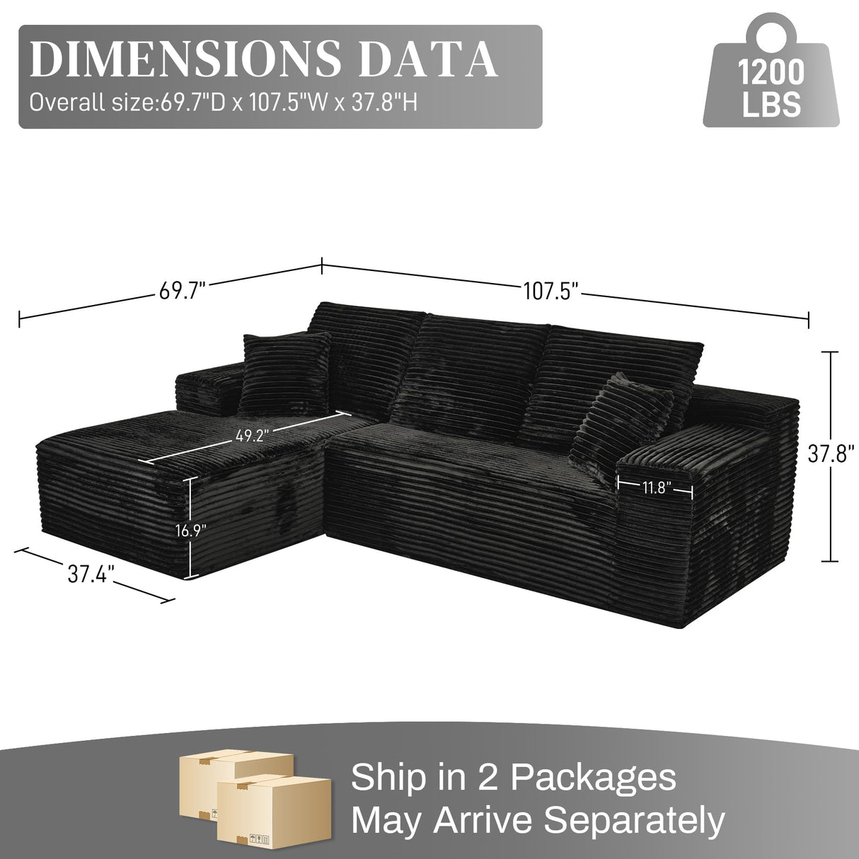 Modular Sectional Sofa Cloud Sectional Couch, 107" Comfy Fluffy L Shaped Black Couches for Living Room, Deep Seat Memory Foam Plush Corduroy Boneless Couch Sectionals with Left Facing Chaise Sofa HYJT-H&K