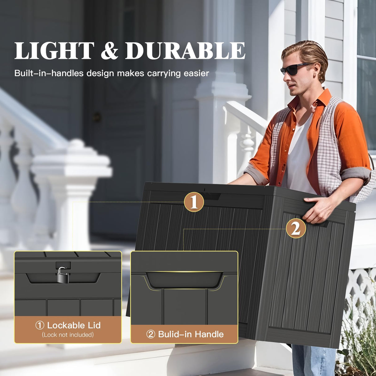 Treillage Tale Outdoor Storage Deck Box, 45 Gallon Outside Storage Box Waterproof Deck Box, Lockable Patio Storage Box UV-Resistant for Garden Furniture, Black Treillage Tale