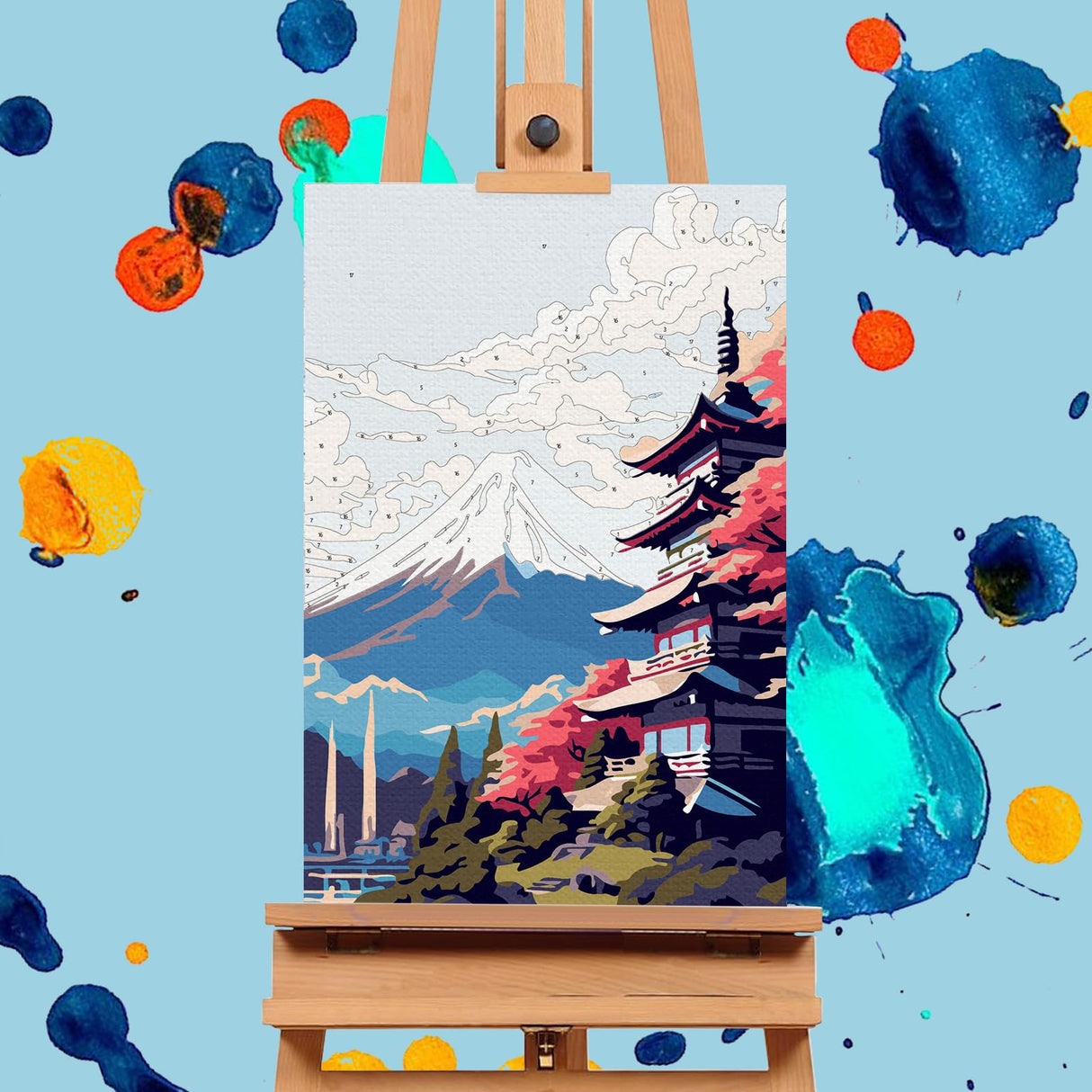 Offito 4 Pack Framed Paint by Numbers Kit for Adults Beginners with Wooden Easel, Landscape Easy Paint by Number Kit with Frame, Watercolor Adult Paint by Number Framed Canvas (8 * 12 Inch) Offito