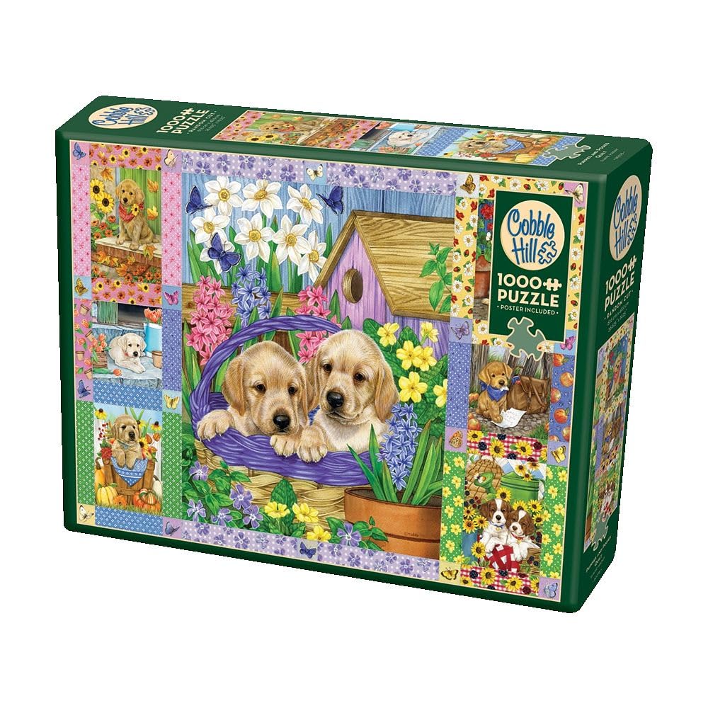 Cobble Hill 1000 Piece Puzzle - Puppies and Posies Quilt - Sample Poster Included Cobble Hill Puzzle Company Ltd.