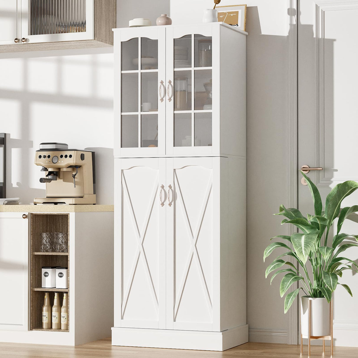 kepptory 64" Kitchen Pantry Cabinet, Pantry Storage Cabinet with Adjustable Shelves, Kitchen Buffet Cupboards Storage Cabinet for Home Office Use (White, 16" D x 24" W x 64" H) kepptory