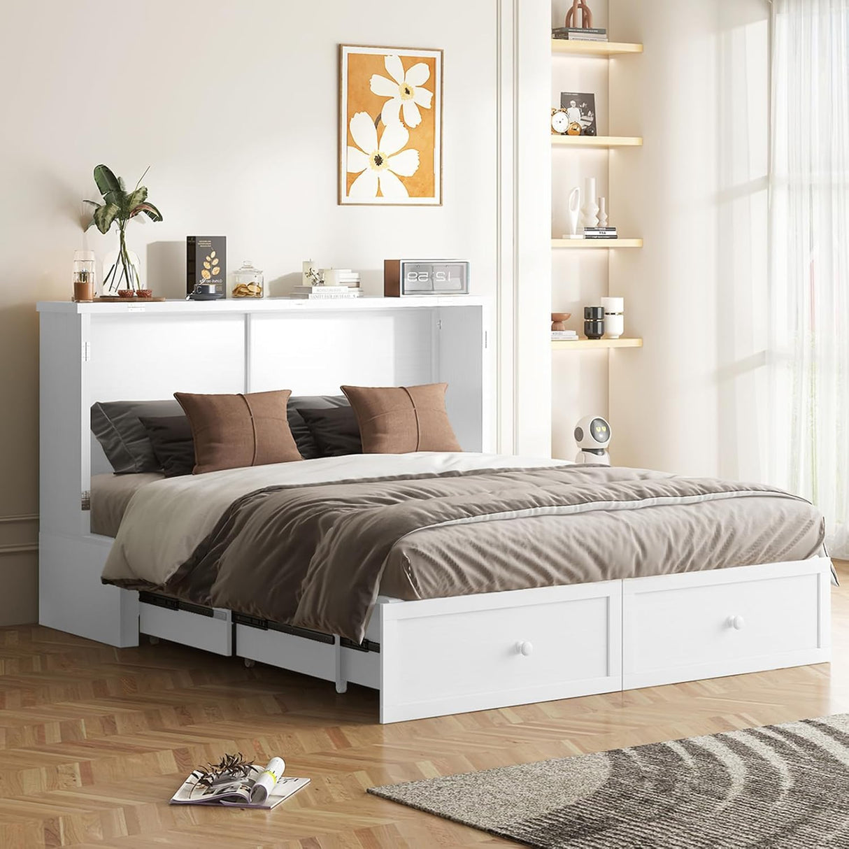 ijuicy Queen Size Murphy Bed with Foldable Foam Mattress, Cube Cabinet Bed with Multifunctional Charging Station & Extra Large Storage Drawers, Space-Saving Hideaway Bed for Guests-White ijuicy