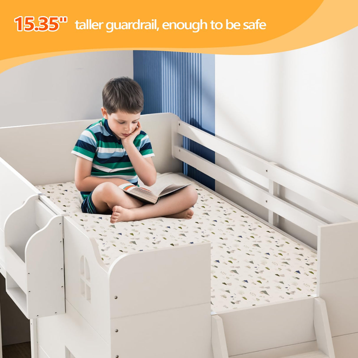 JOYMOR Loft Bed Twin Size with Led Light, Low Loft Bed with Storage Drawer, Modern Farmhouse Design with Castle Guardrail and Window, Book Rack, Smart APP Control, No Box Spring Needed (White) JOYMOR