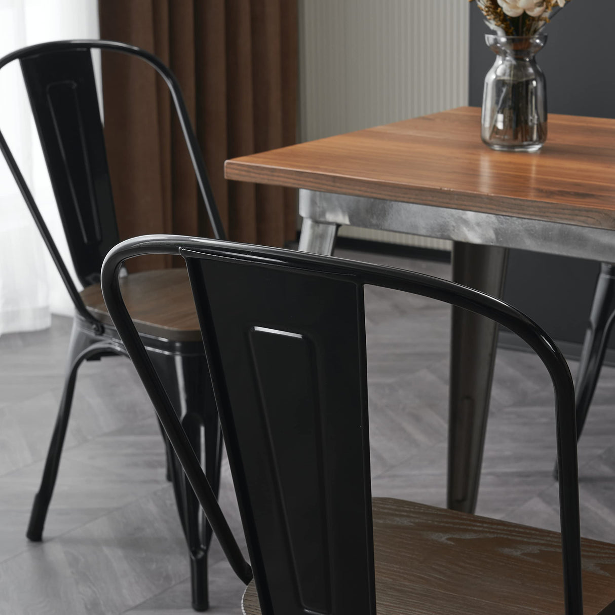 Nazhura Metal Dining Chair Farmhouse Tolix Style for Kitchen Dining Room Café Restaurant Bistro Patio, 18 Inch, Stackable, Waterproof Indoor/Outdoor (Sets of 4) (Black with Wood Padding) Nazhura