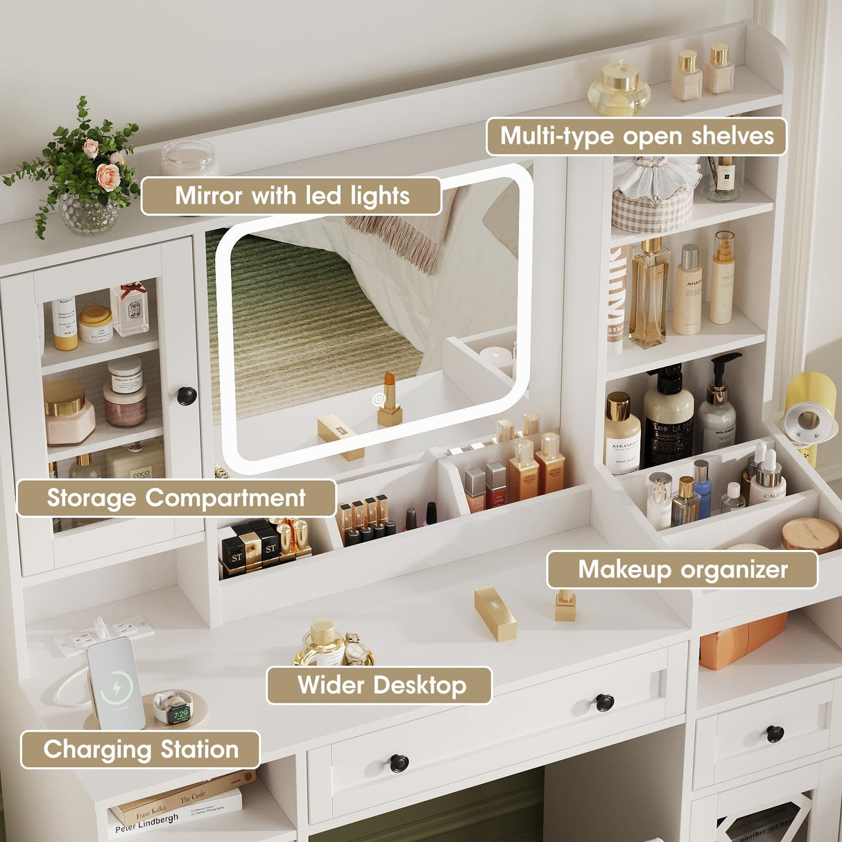 Vanity Desk with Mirror and Lights,Makeup Vanity Table with Cushioned Stool and Charging Station,3 Lighting Modes Adjustable Brightness,Drawers,Power Outlet,Shelves,White Maupvit