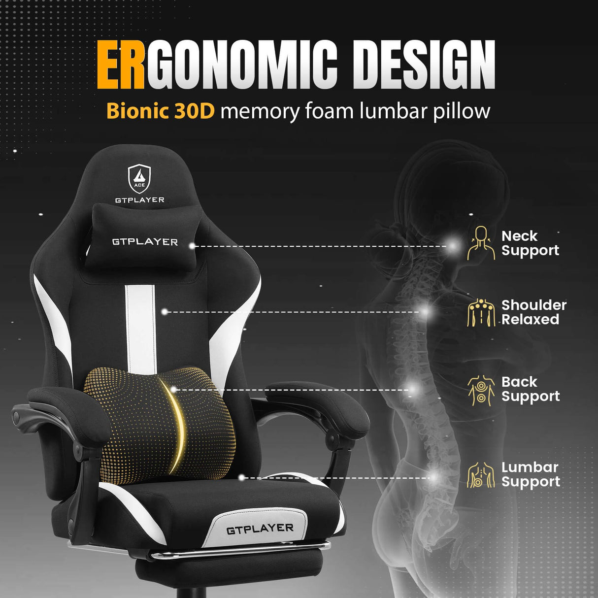 GTRACING Gaming Chair Ergonomic Office Chair with Foot Rest & Pocket Spring Cushion, High Back Computer Desk Chair with Headrest & Lumbar Support, Breathable Fabric Game Chair for Adults, Black GTRACING