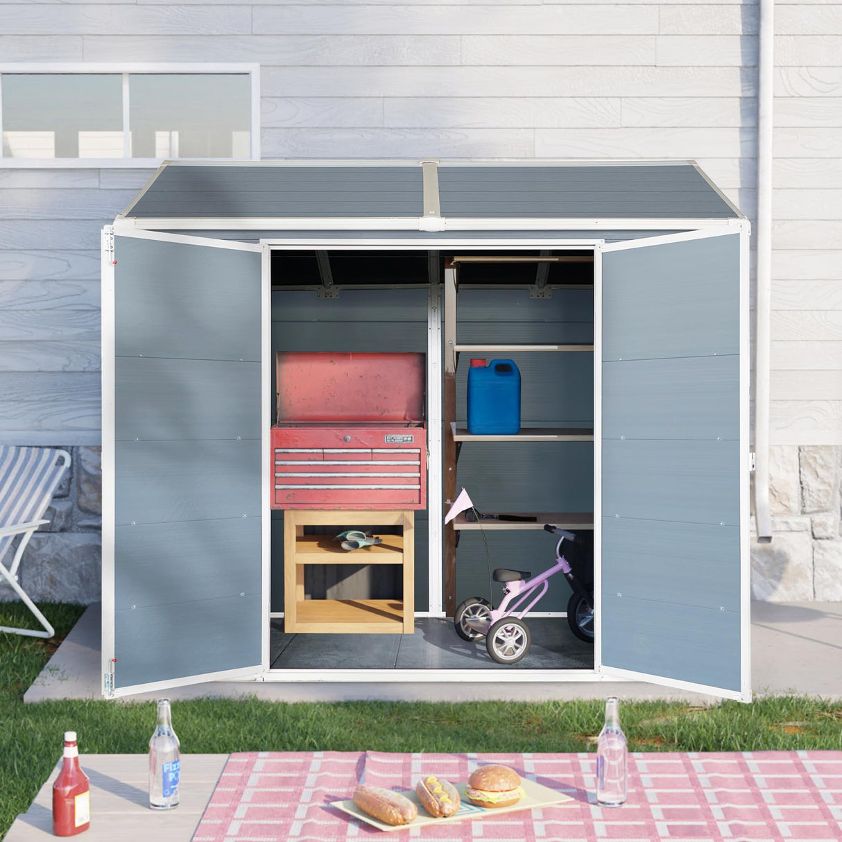 Shaical Storage Shed 8x4ft Resin Outdoor Storage Shed with Floor and Lockable Double Door, Two Windows & Air Vents, All Weather Sloped Roof Tool Room for Garden, Backyard, Patio, Lawn, Grey Shaical