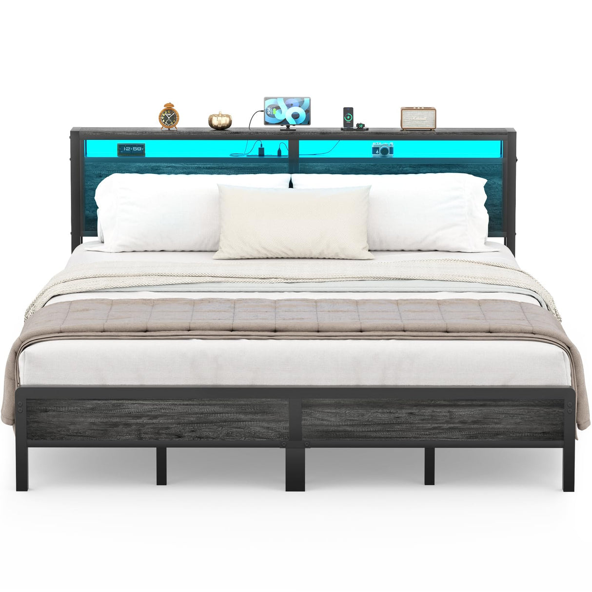 Homieasy King Size Industrial Metal Bed Frame with LED Lights and Charging Station Homieasy