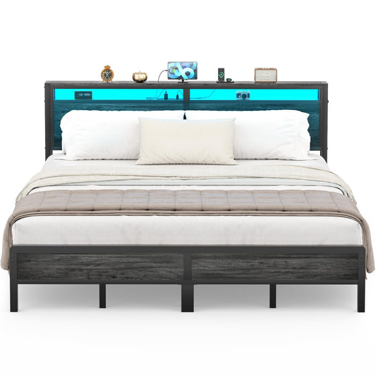 Homieasy King Size Industrial Metal Bed Frame with LED Lights and Charging Station - WoodArtSupply