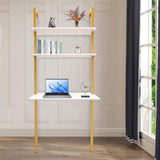 QIUTMER Wall Mount Desk 3 Tiers Wall Table Wall Mount Computer Writing Table Industrial Bookcase Desk Gold and White for Homes Office School QIUTMER