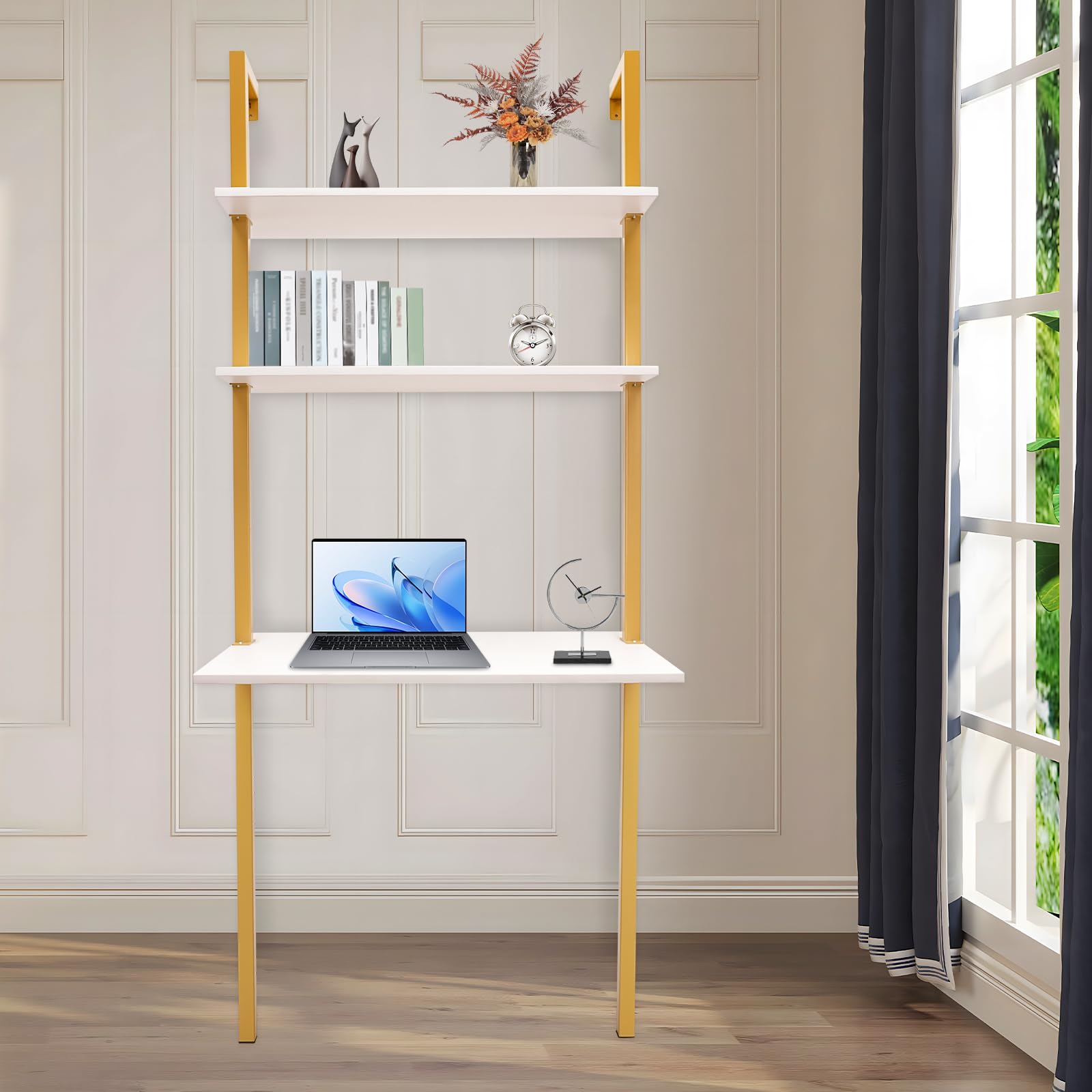 QIUTMER Wall Mount Desk 3 Tiers Wall Table Wall Mount Computer Writing Table Industrial Bookcase Desk Gold and White for Homes Office School - WoodArtSupply