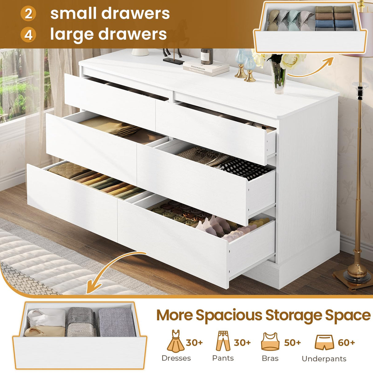 DICTAC 6 Drawers Dresser for Bedroom, White Modern Chest of Drawers, Storage Tower Clothes Organizer Closet, Long Double Dresser with No Handle Drawers, Dimensions 51.6''L x 15.7''D x 29.3''H DICTAC