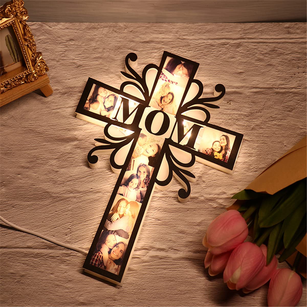 Custom Photo led Light up Cross Decoration, Personalized Acrylic Picture Night Lights Gifts for Dad Mom from Daughter Son Mother Day Father Day Mom Dad Gifts for Men Wife Husband Women CDON