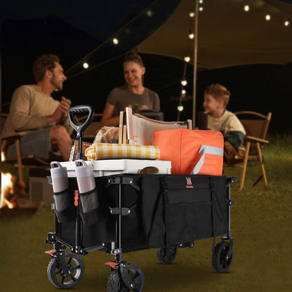 Navatiee Collapsible Folding Wagon, Heavy Duty Utility Beach Wagon Cart with Side Pocket and Brakes, Large Capacity Foldable Grocery Wagon for Garden Sports Outdoor Use, S1