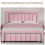 HOMBCK Full Size Bed Frame, Velvet Upholstered Bed Frame with Diamond Tufted Headboard and Footboard, Pink Bed Frame Full, Vertical Channel Tufted Design, No Box Spring Needed, Easy Assembly, Pink HOMBCK