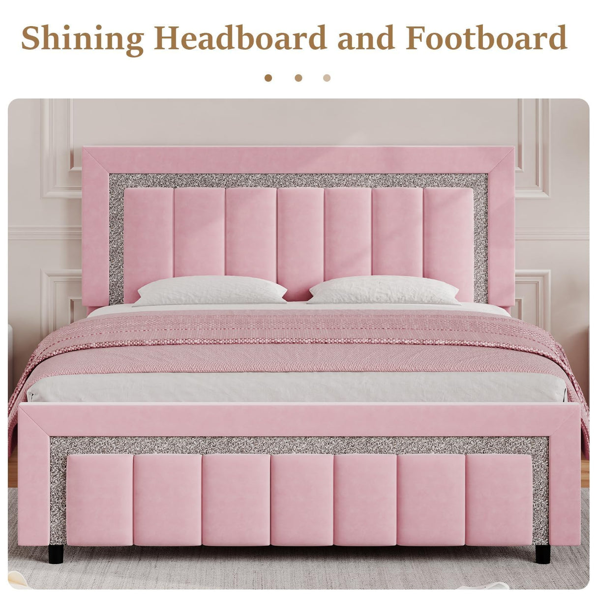 HOMBCK Queen Bed Frame, Pink Upholstered Bed Frame with Velvet Diamond Headboard, Soft Bed Frame, Vertical Channel Tufted Headboard and Footboard, No Box Spring Needed, Easy Assembly, Pink HOMBCK