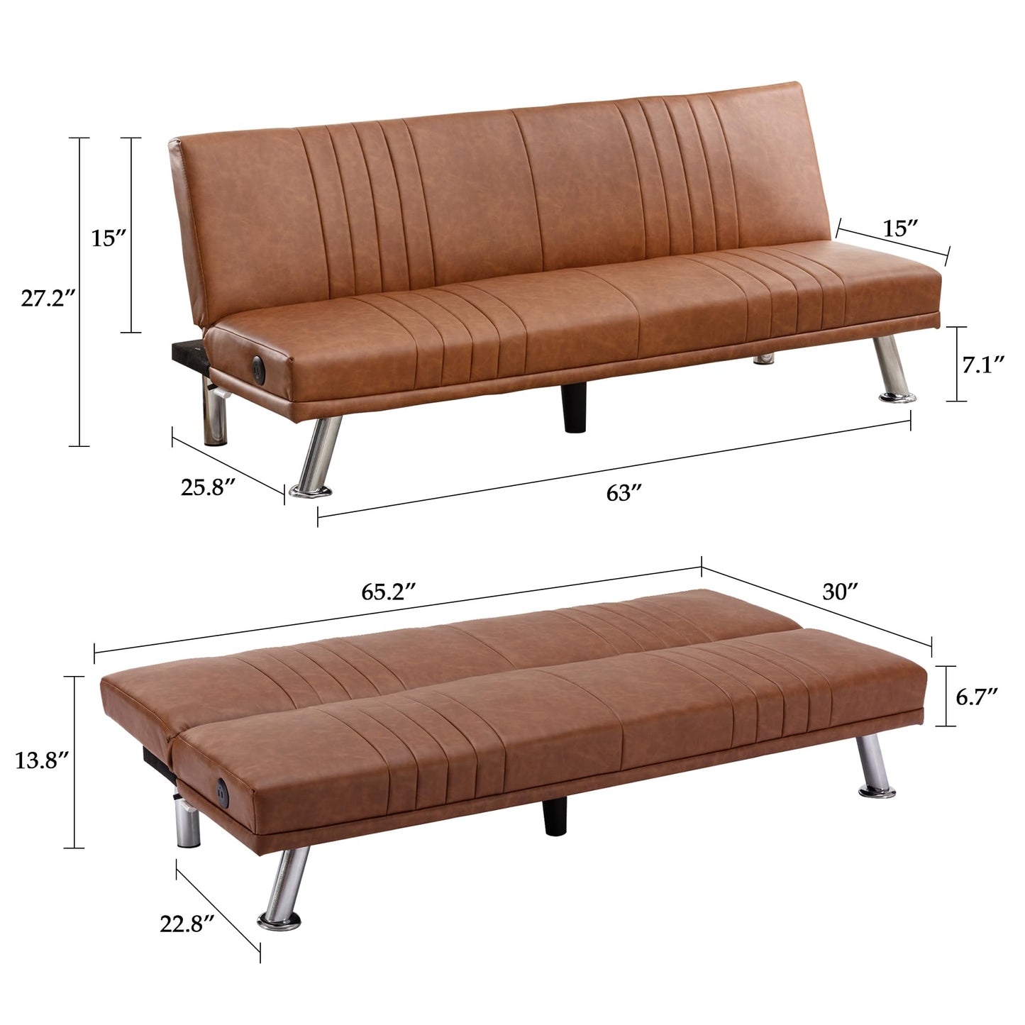 VECELO Modern Couch Bed, Convertible Sofa Bed/Folding Sleeper Couches Faux Leather Futon for Living Room, Futon Sofa Bed, Brown