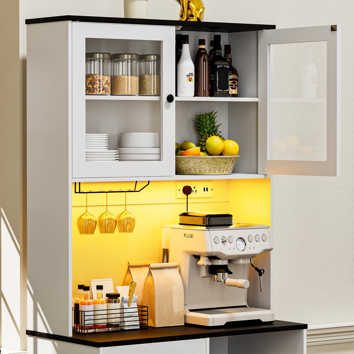 Frmobepts 71‘’Kitchen Pantry Storage Cabinet with LED Lights and Power Outlet, Tall Farmhouse Kitchen Hutch with Microwave Stand,Globet Hooks and Adjustable Shelf for Dining Living Room,White Frmobepts