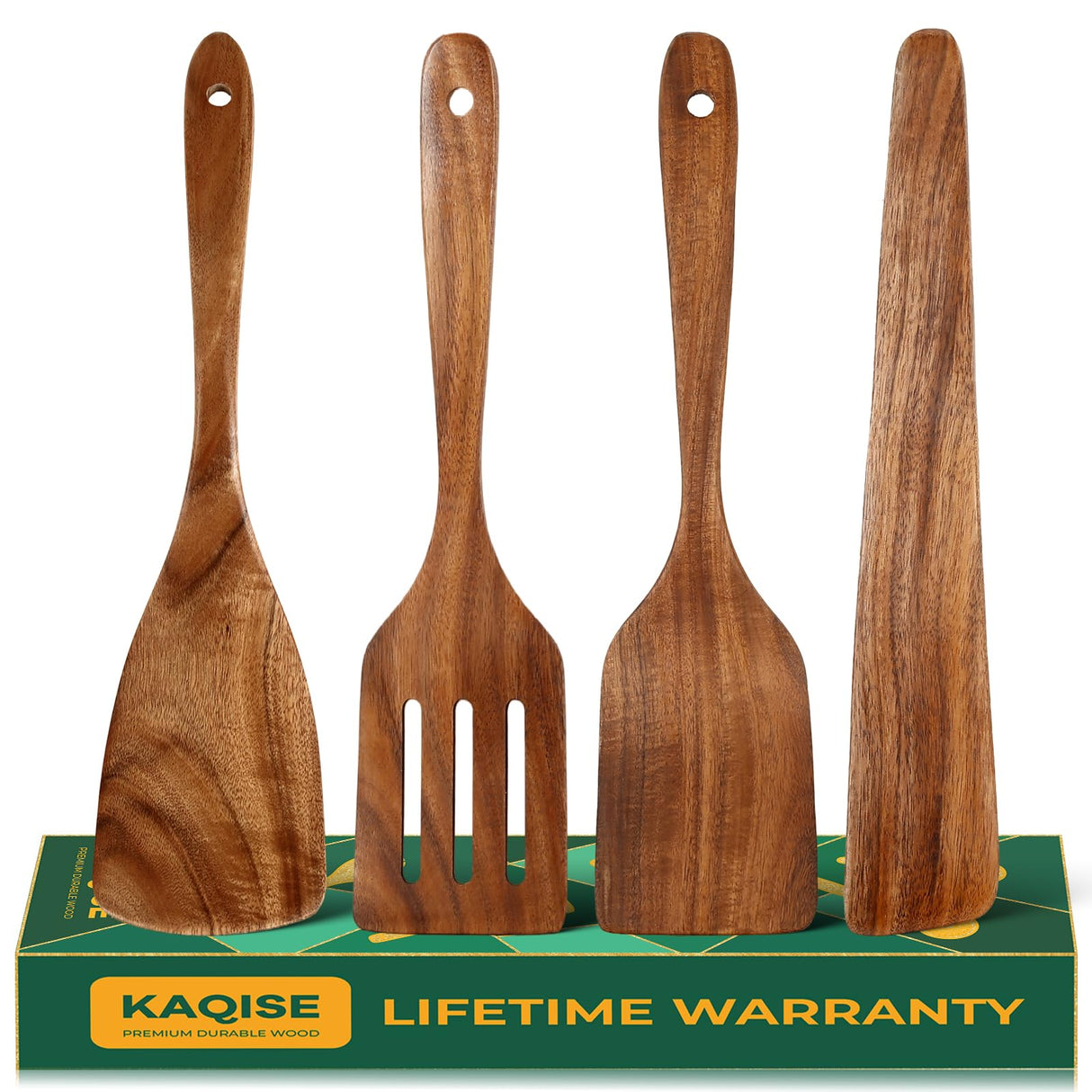 Wooden Spatula for Cooking, Natural Teak Wood Utensils including Frying Flat Spatula Turner, Wooden Kitchen Utensils Set (4Pcs) KAQISE