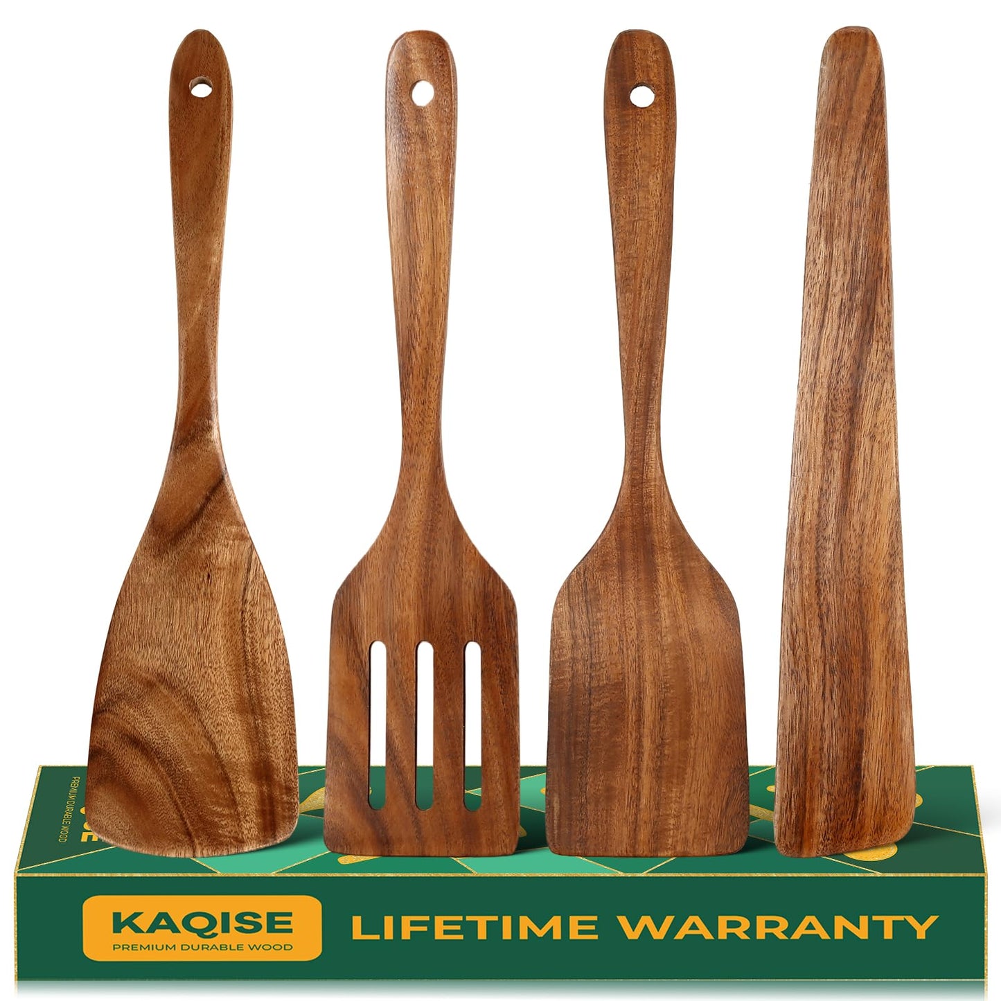 Wooden Spatula for Cooking, Natural Teak Wood Utensils including Frying Flat Spatula Turner, Wooden Kitchen Utensils Set (4Pcs)