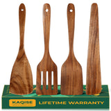Wooden Spatula for Cooking, Natural Teak Wood Utensils including Frying Flat Spatula Turner, Wooden Kitchen Utensils Set (4Pcs) KAQISE