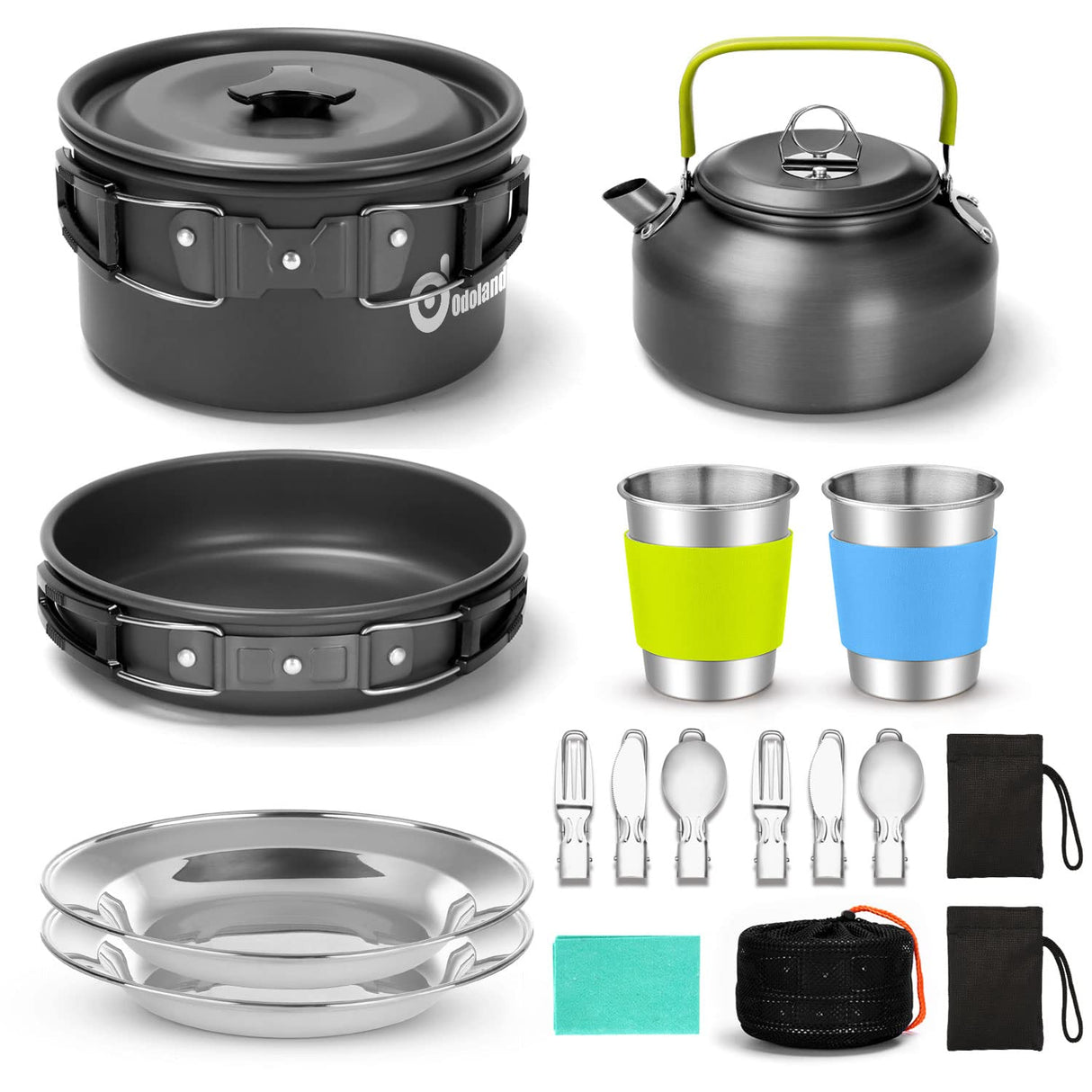 Odoland 15pcs Camping Cookware Mess Kit, Non-Stick Lightweight Pot Pan Kettle Set with Stainless Steel Cups Plates Forks Knives Spoons for Camping, Backpacking, Outdoor Cooking and Picnic Odoland