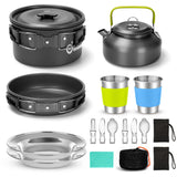 Odoland 15pcs Camping Cookware Mess Kit, Non-Stick Lightweight Pot Pan Kettle Set with Stainless Steel Cups Plates Forks Knives Spoons for Camping, Backpacking, Outdoor Cooking and Picnic Odoland