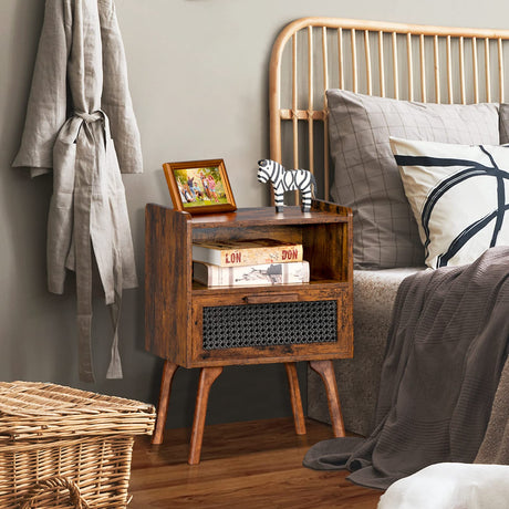 Lerliuo Rattan Nightstands Set of 2, Boho Side Table with Drawer Open Shelf, Cane Accent Bedside End Table with Solid Wood Legs for Bedroom, Dorm and Small Spaces (Brown) Lerliuo