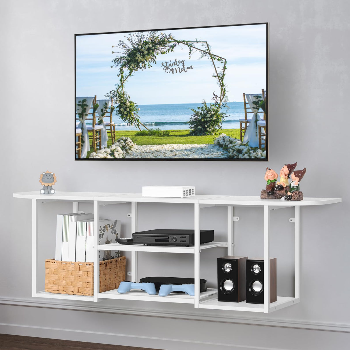 BTY Floating TV Stand for 50" TV Wall Mounted Entertainment Center with 3 Tier Open Storage Shelf, Wooden Media Console for Living Room, Bedroom, Under TV Shelf, White BTY