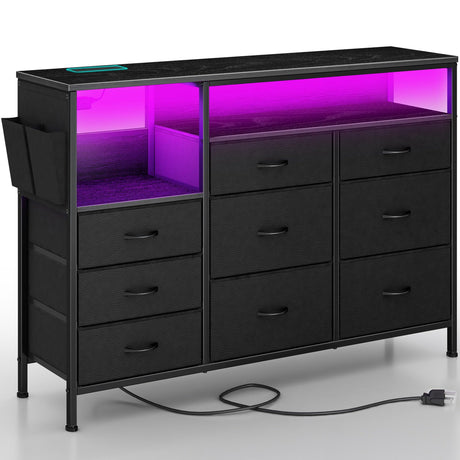 KUREEISE TV Stand Dresser with Charging Station& LED Lights, 9 Drawers Dresser with Open Storage Shelf & Side Pocket, 51" Media Console with PU Finish, for 32-60 Inch TVs, for Living Room, Hallway KUREEISE
