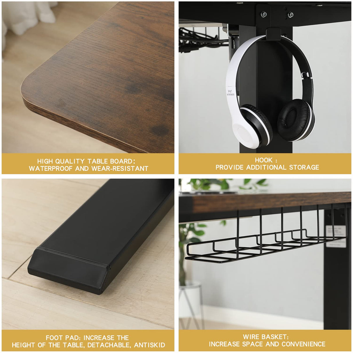 Jceet Adjustable Height Electric Standing Desk, 55 x 24 Inch Sit Stand Computer Desk with Lockable Casters, Stand Up Desk Table for Home Office, Black Frame/Rustic Brown + Black Top Jceet