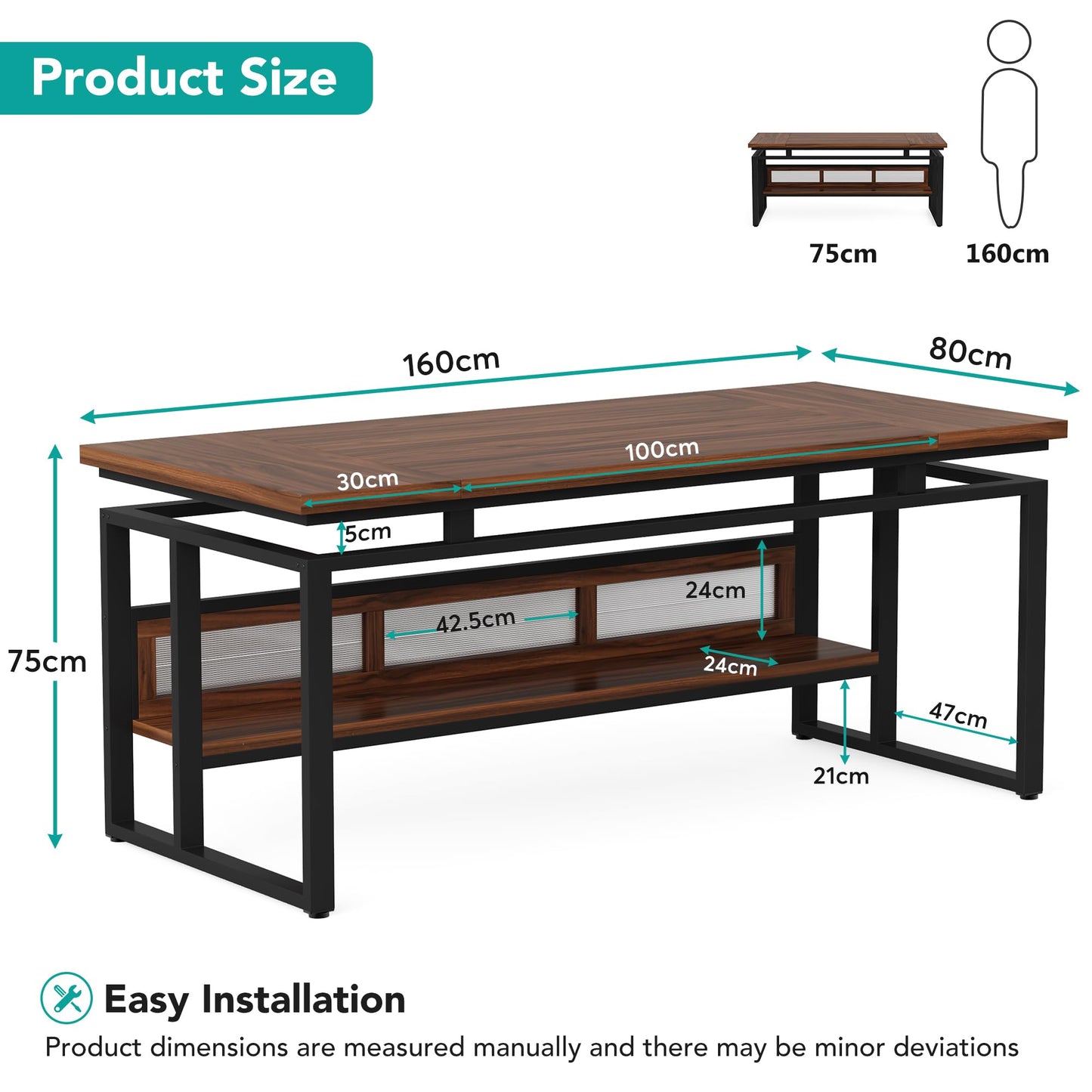 Tribesigns 63" Executive Desk with Bottom Hidden Shelf, Large Computer Desk Office Desk with Thickened Board and Frame, Workstation Writing Table for Home Office, Rustic Brown & Black - WoodArtSupply