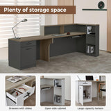 Huariifowm Modern L Shape Reception Desk with Counter,Stylish Front Desk Reception Counter with Drawers, Open Shelves, and Keyboard Tray (Tobacco Wood+Iron Gray/Right, 79" L*24" W*41" H) Huariifowm