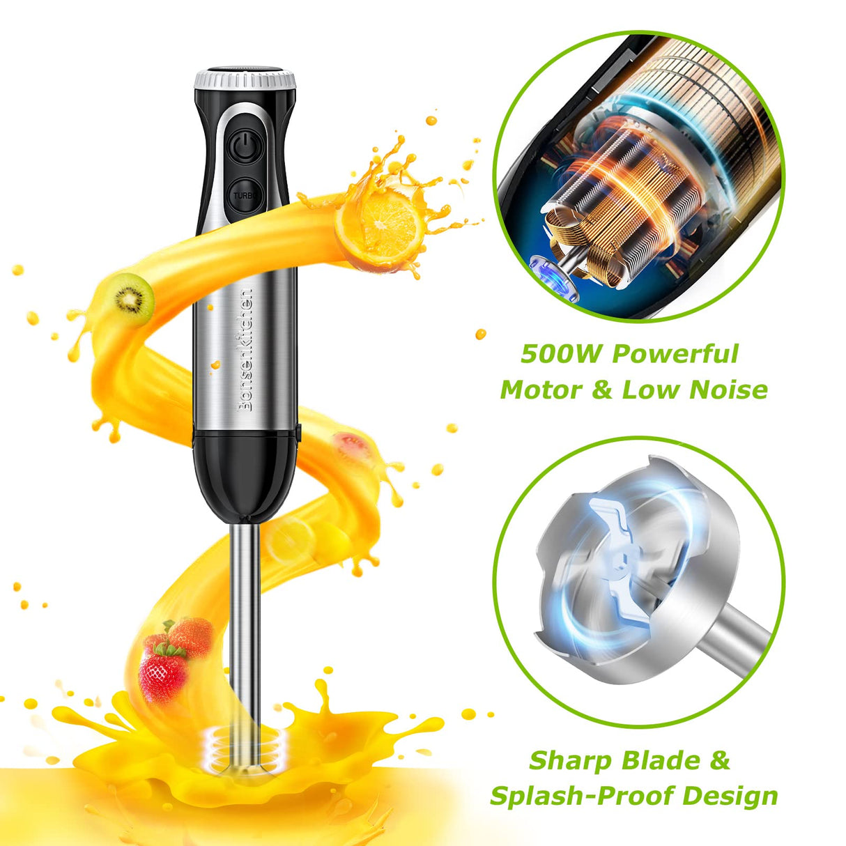 Bonsenkitchen Immersion Blender, 20 Variable Speeds & Turbo, 4-In-1 Stainless Steel Handheld Blender Stick Mixer with Egg Whisk, Beaker & Chopper Bowl Bonsenkitchen