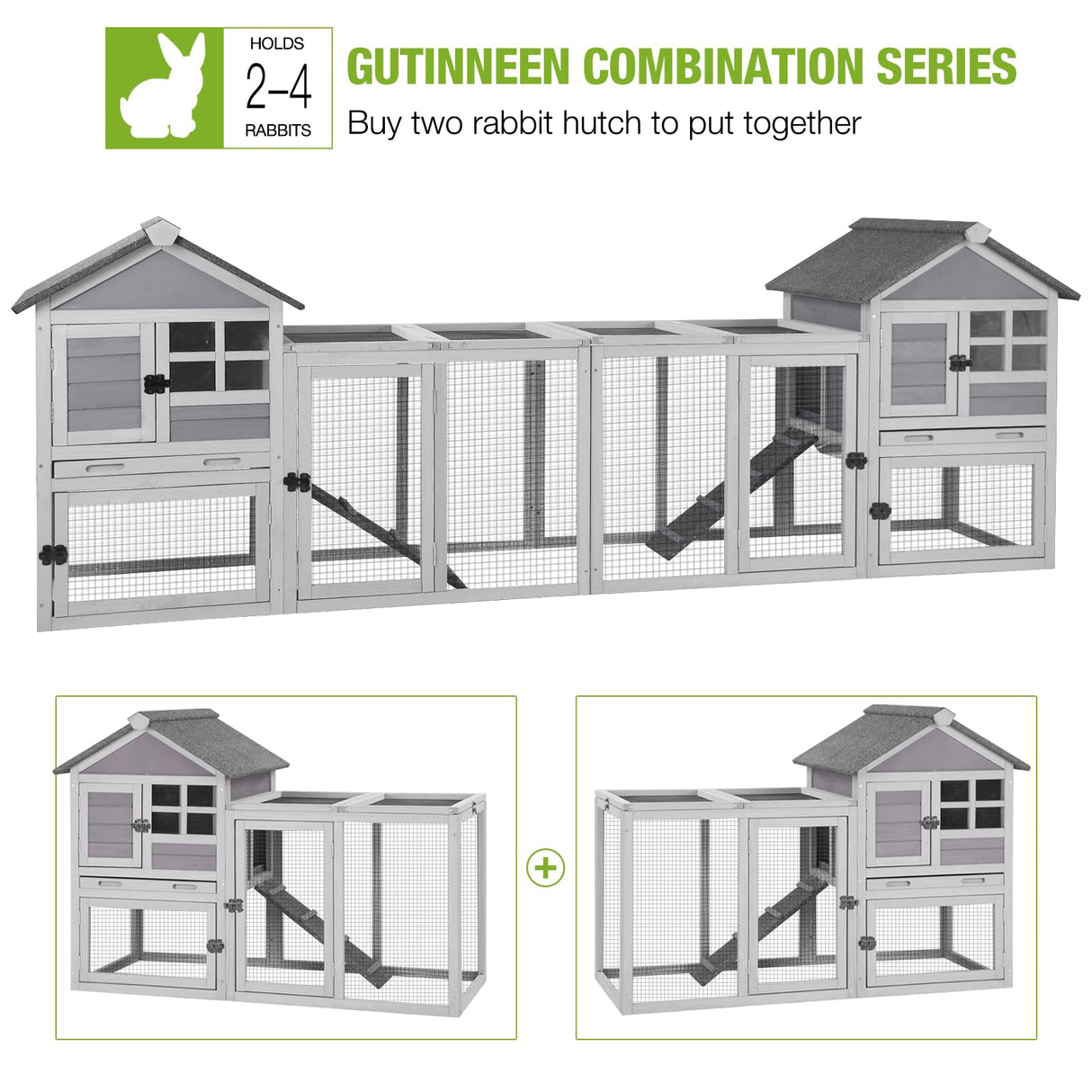 GUTINNEEN 51.6" L Chicken coop Outdoor Rabbit Hutch Indoor Bunny Cage Expandable Duck House(Grey) GUTINNEEN