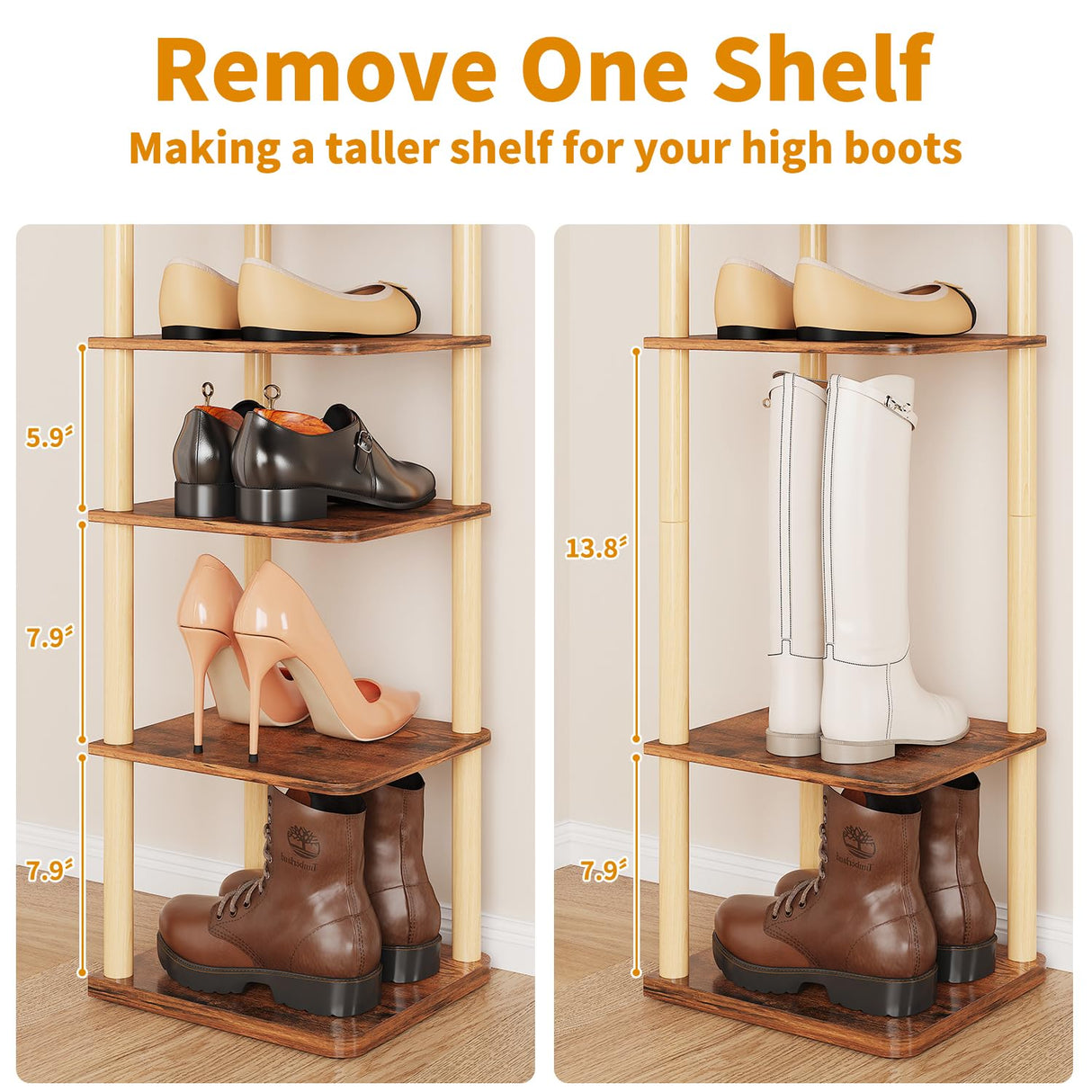 LUCKNOCK Vertical Shoe Rack, 8-Tier Tall Narrow Shoe Organizer for Entryway, Closet, Dorm & Small Spaces, Freestanding Wooden Shoe Shelf Tower for Boots, Sneakers, Heels. (Rustic Brown) LUCKNOCK