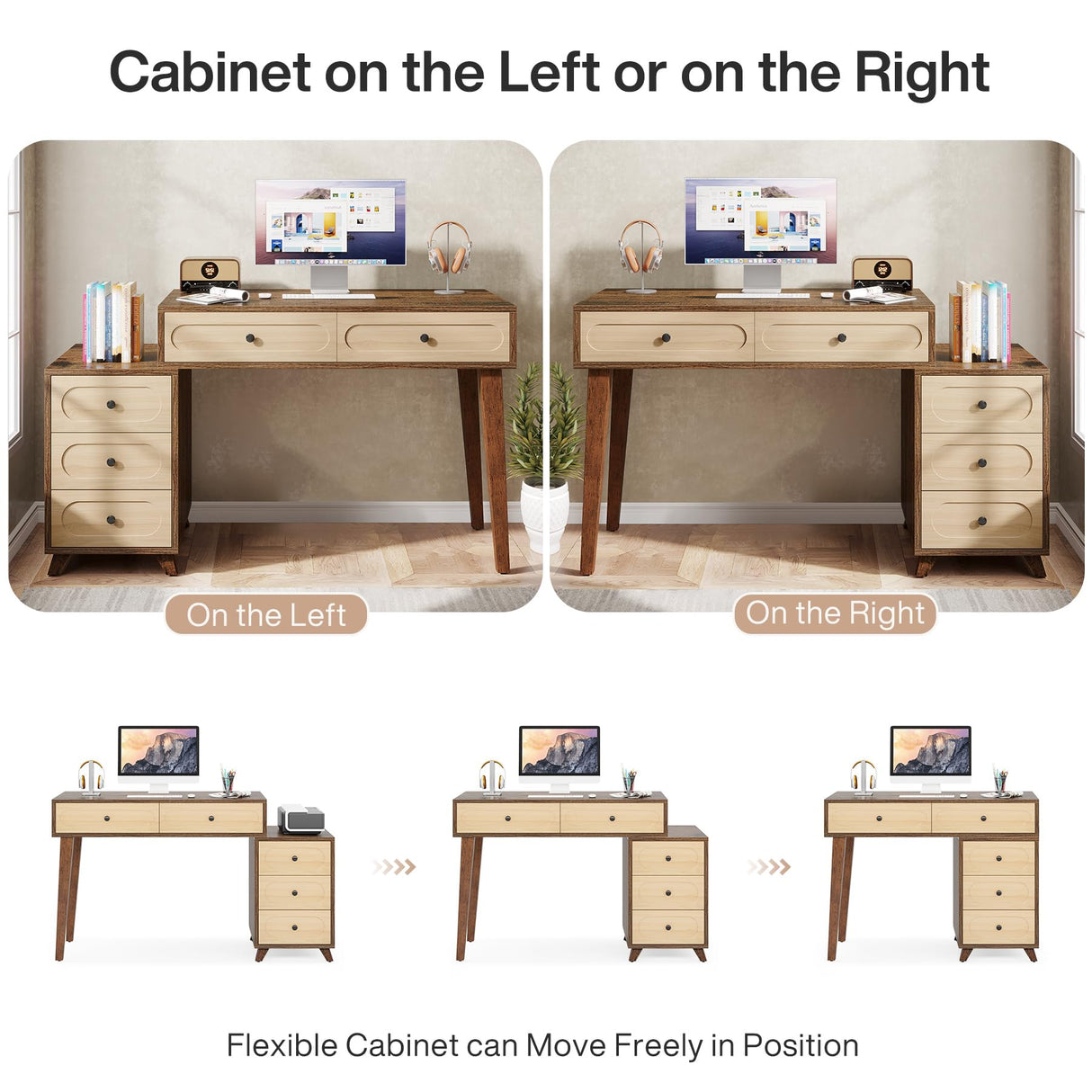 Tribesigns Computer Desk with Reversible Drawer Cabinet, 51-Inch Home Office Desk with 5 Drawers and Printer Stand, Study Writing Table Workstation with Storage Tribesigns