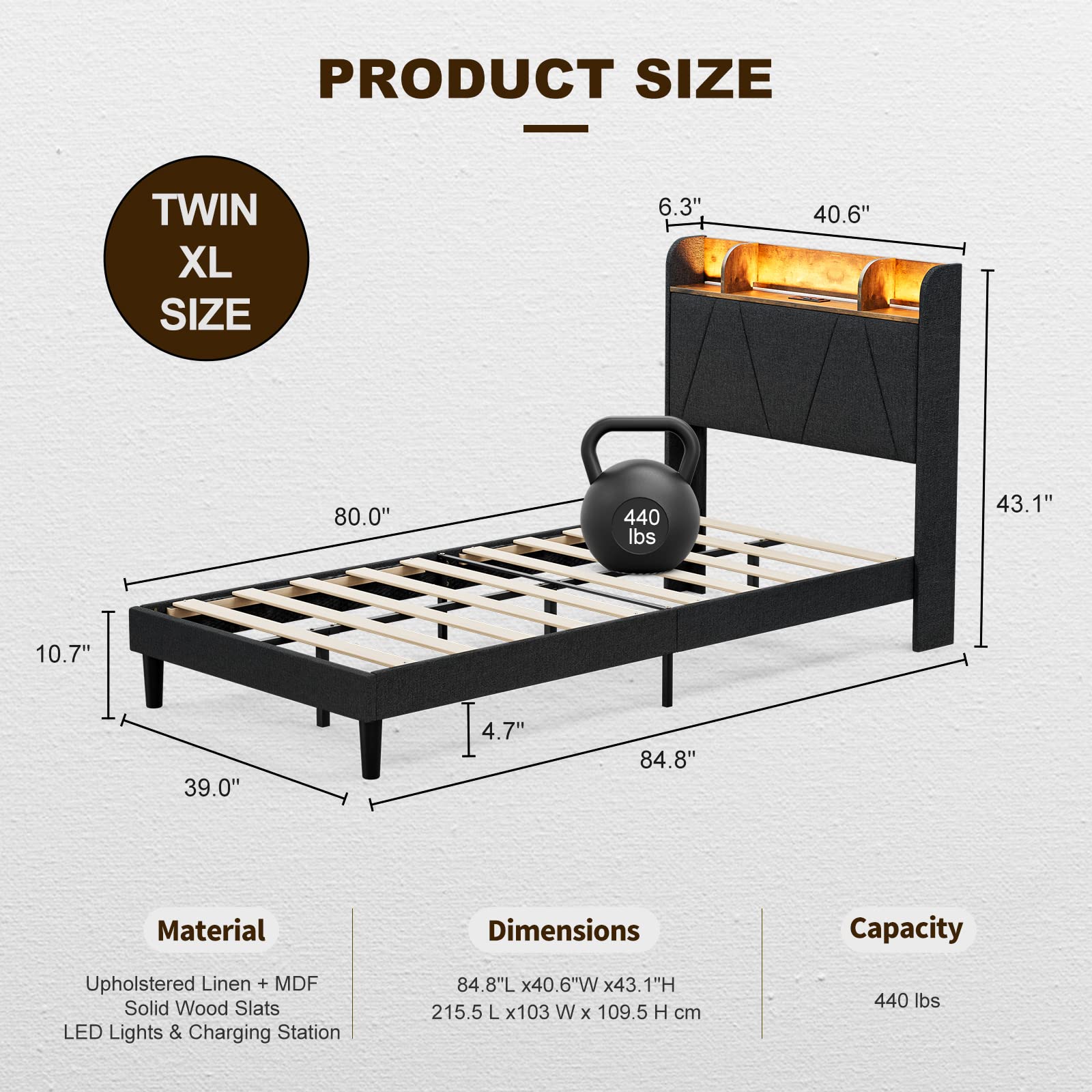 IKIFLY Twin XL Upholstered Bed Frame with LED Lights, Storage Headboard & Charging Station - Black - WoodArtSupply