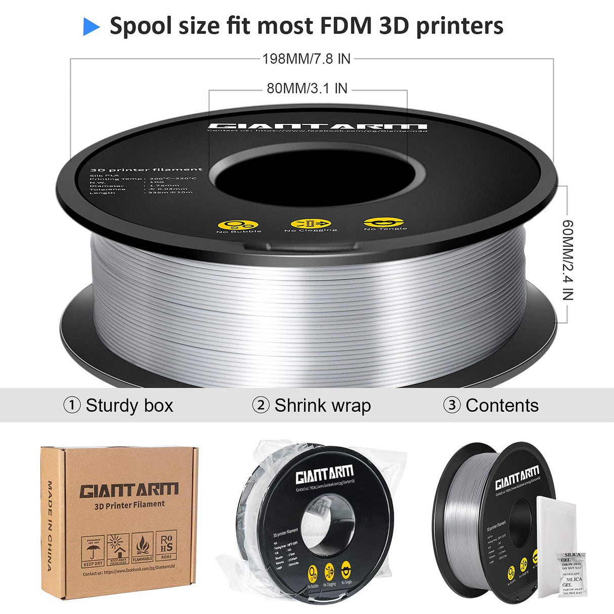 GIANTARM Silk Metallic Silver PLA 3D Printer Filament 1kg Spool, 1.75mm Dimensional Accuracy +/-0.03mm, 1080 Feet per Roll, Vacuum Packaging GIANTARM
