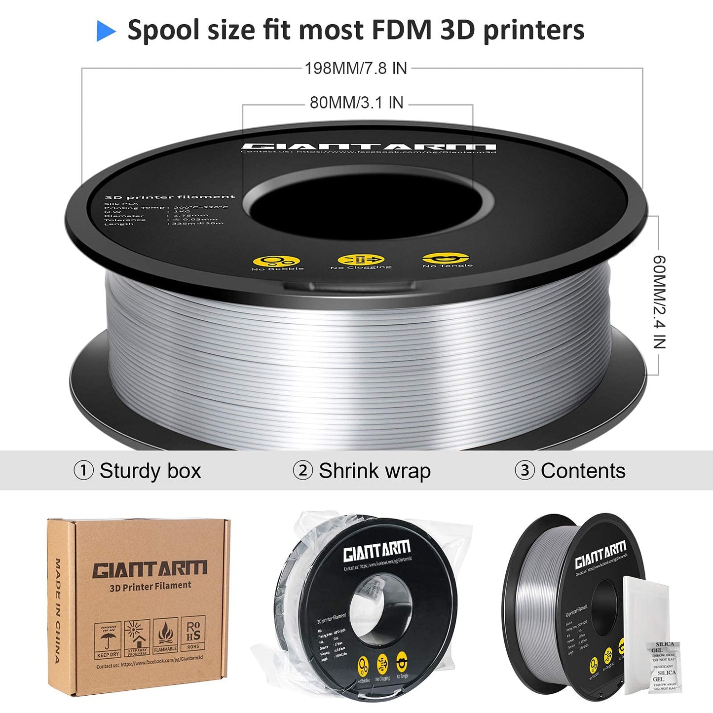 GIANTARM Silk Metallic Silver PLA 3D Printer Filament 1kg Spool, 1.75mm Dimensional Accuracy +/-0.03mm, 1080 Feet per Roll, Vacuum Packaging - WoodArtSupply