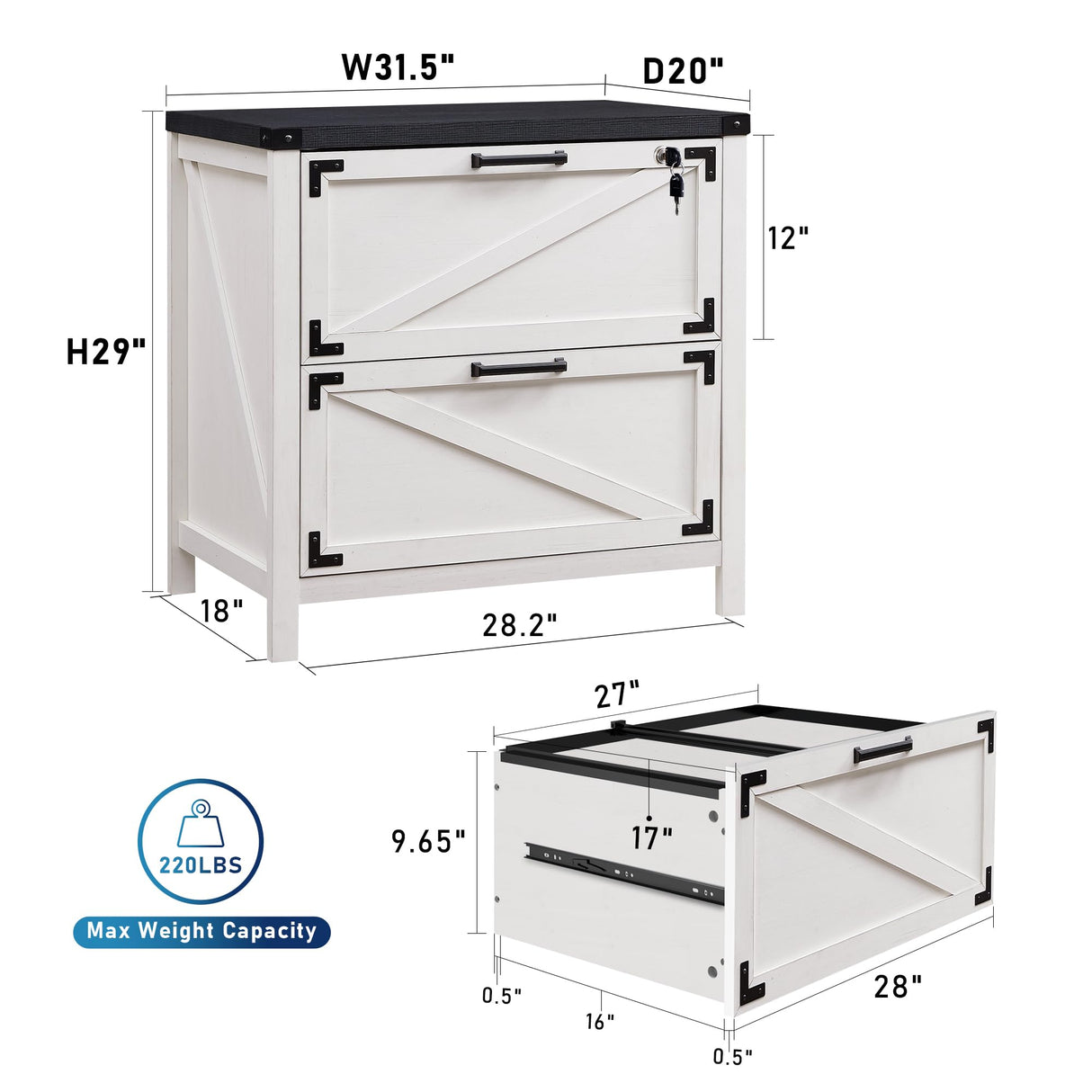 JXQTLINGMU 2 Drawer Farmhouse File Cabinet, Lateral Filing Cabinet with Lock for Home Office, Compatible Legal Letter A4 F4 Size, White JXQTLINGMU
