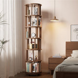 Muwuele Solid Wood Rotating Bookshelf on Wheels, 6 Tier, Round Revolving Bookcase, 360° Spinning Book Shelf Tower for Kids, Narrow Rolling Bookshelves for Small Space, Corner, Bedroom, Office, Walnut Muwuele