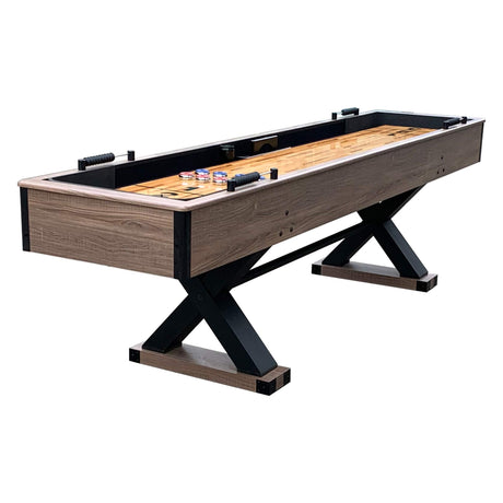 Hathaway Excalibur 9-Ft Shuffleboard Table for Great for Family Recreation Game Rooms, Designed with a Rustic Driftwood Finish with Built-In Leg Levelers, Includes 8 Pucks, Table Brush and Wax Hathaway