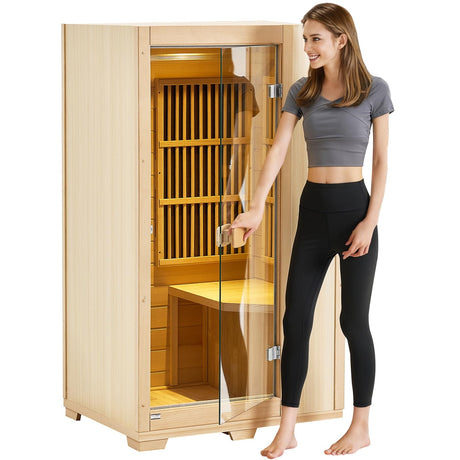 VEVOR Far Infrared Wooden Sauna, Room Home Sauna Spa for One Single Person, Low EMF Far Infrared Hemlock Wood Sauna with Tempered Glass Door & LED Reading Lamp & Bluetooth Speakers, 1140W Indoor Use VEVOR